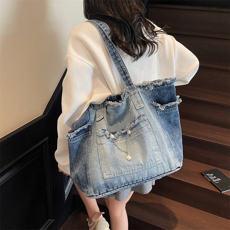Women Bags Jeans - Trendy Distressed Denim Tote Bag, Frayed