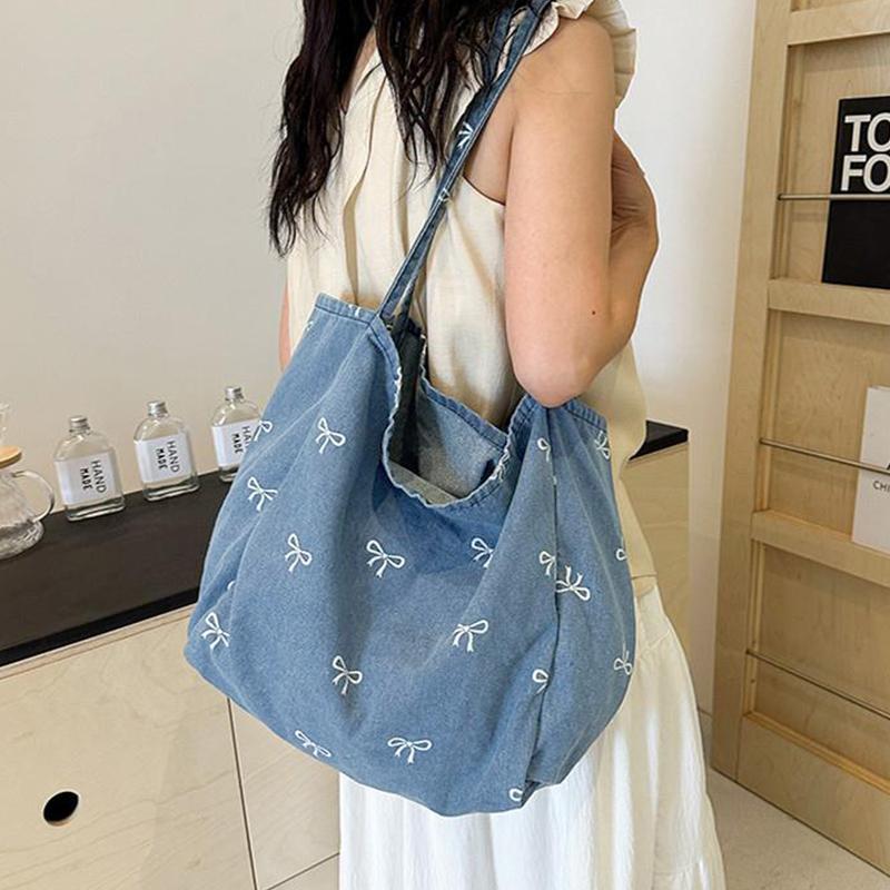 Ladies Bow Decor Denim Canvas  - Women Bags Jeans ulasan dan harga