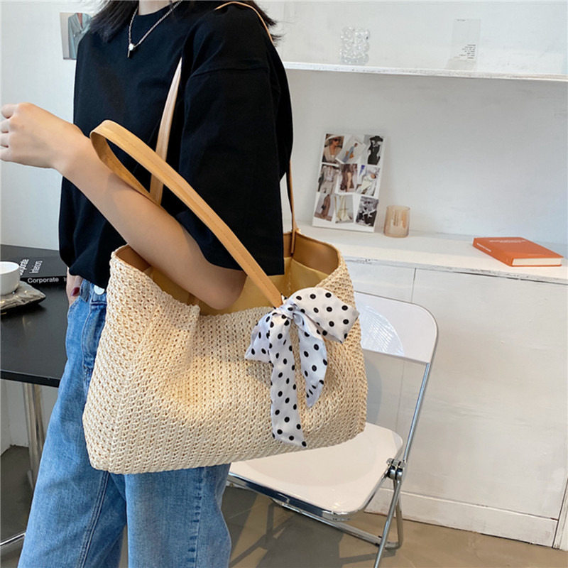 Summer Scarf Bowknot Straw Bag - Women Bags Handmade ulasan dan harga